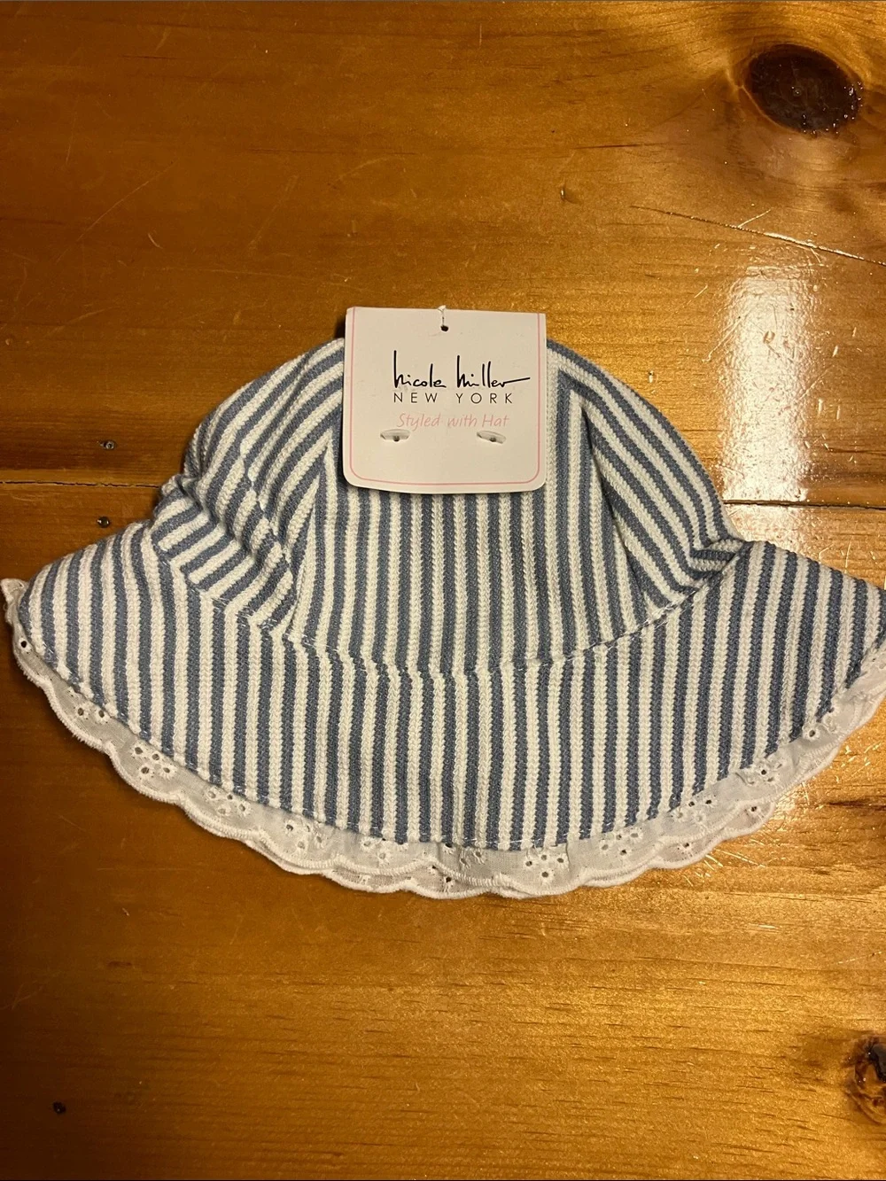 Nicole Miller White and Blue Striped Kids Sun Hat with Eyelet Trim